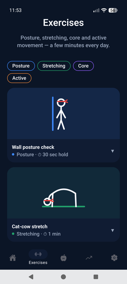 The exercise library, each move with its own drawing